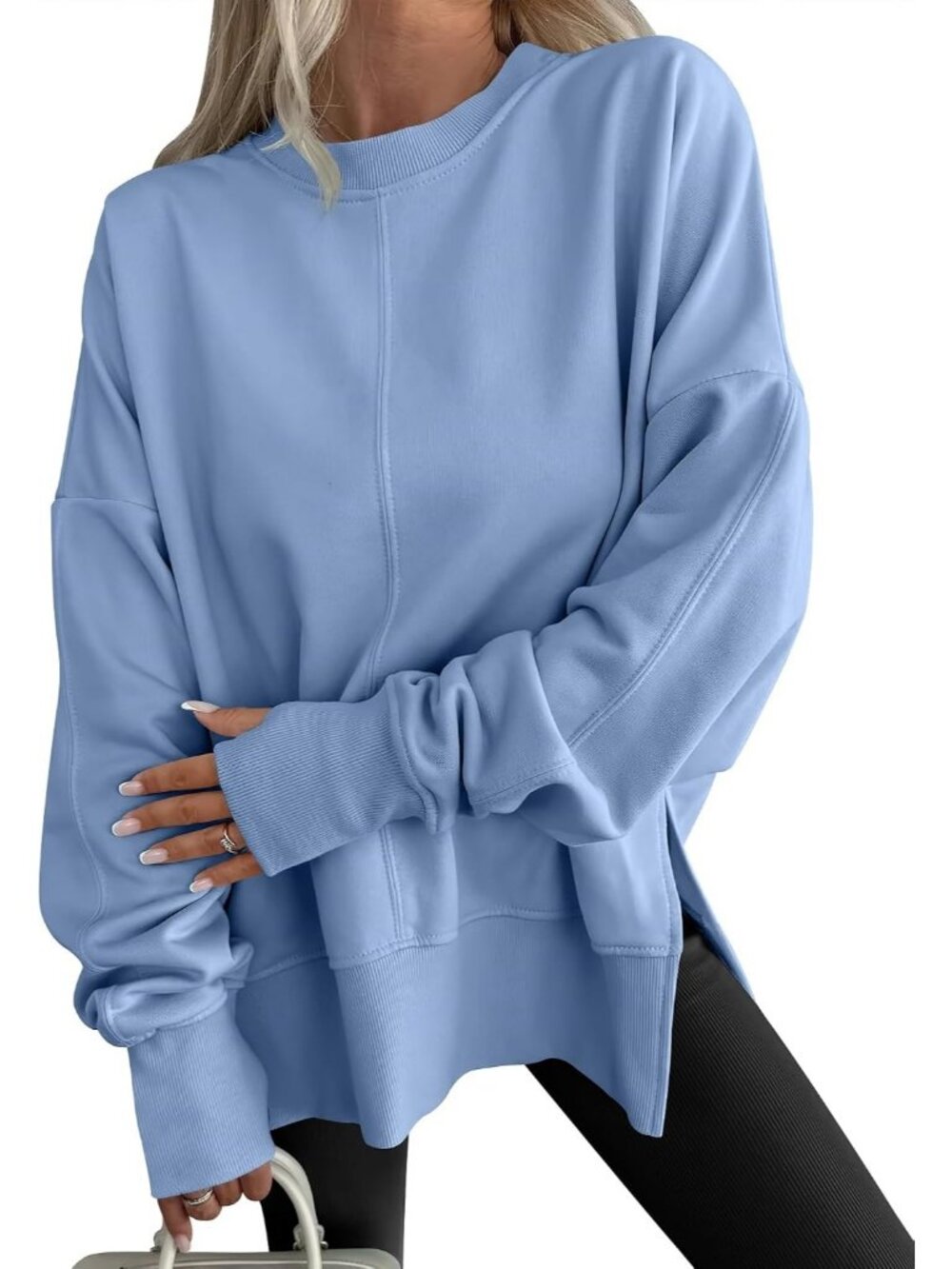 Women's Blue Fleece Lined Slit Side Tunic Comfort Pullover Oversized Sweatshirts